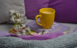 Coffee books bed purple blanket - product photography free wallpaper for desktop