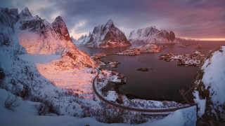 Snowy mountain lake sunset pink - a lake and mountains free wallpaper