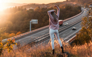 Woman hill arms highway cars - car free wallpaper