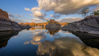 Lake rocks clouds trees dusk - the distance free wallpaper