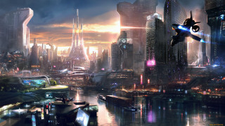 Futuristic city flying robot night - matte painting concept art free wallpaper