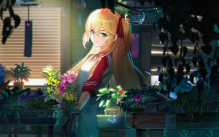 Girl blonde holding flower indoor - flower free wallpaper for desktop