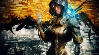 Woman dragon cyberpunk dystopian urban - her hand and a dragon free wallpaper