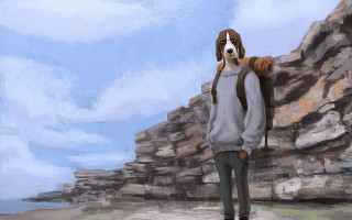 Dog cliff backpack man outdoors - a rocky cliff free wallpaper