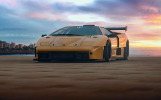 Yellow sports car beach sunset - beeple free wallpaper