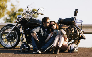 Man woman motorcycle bridge trees - a bridge in the background free wallpaper