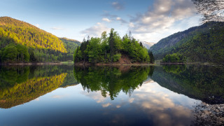 Lake mountains trees reflection clouds 2 - boleslaw cybi free wallpaper