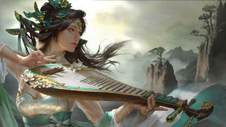 Woman mountain painting lute magic - musical free wallpaper