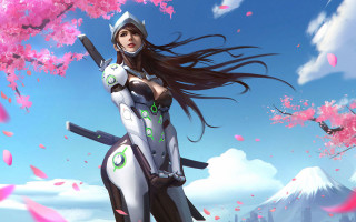 Futuristic woman sword cherryblossoms cyberpunk - pink petal free wallpaper