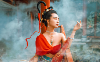Woman red dress umbrella smoke - area free wallpaper