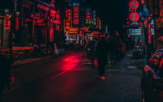 Neon street night clock tower - elsa bleda free wallpaper