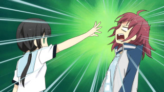 Anime girls facing pointing hand - her mouth open free wallpaper