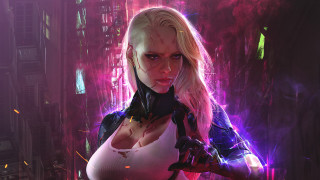 Woman cyberpunk blonde blood glowing - a white top free wallpaper
