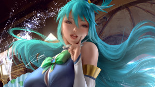 Blue hair woman green white - a picture in a room free wallpaper