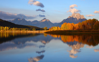 Lake mountains trees sky reflection 6 - a reflection of the water free wallpaper