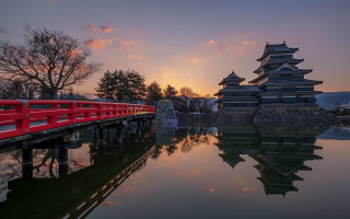 Red bridge sunset pagoda reflection - a red bridge free wallpaper