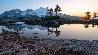 Mountain lake forest sunset reflection 2 - mountain in the distance free wallpaper