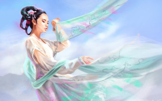 Woman dress flying scarf sky - a scarf free wallpaper