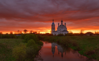 Church tower river sunset red - andrey ryabovichev free wallpaper