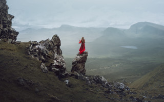 Woman red dress mountains valley - a view of the valley below free wallpaper
