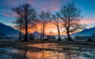 Sunset mountains lake trees clouds - the foreground and mountains free wallpaper