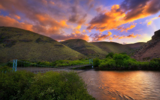 Bridge river mountain sunset sky - a bridge over a river free wallpaper