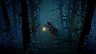 Ghostly figure lantern dark forest - a foggy night free wallpaper