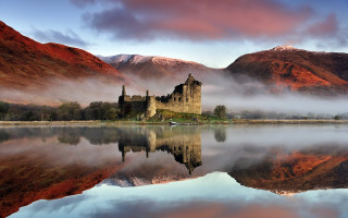 Castle lake mountains boat gothic - top of a lake free wallpaper