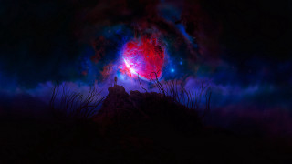 Red blue space stars mountain - matte fantasy painting free wallpaper
