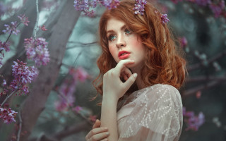 Woman redhair whitedress cherryblossoms cosplay - red hair free wallpaper
