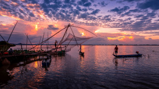 Man boat water sunset fishing - impressionist free wallpaper