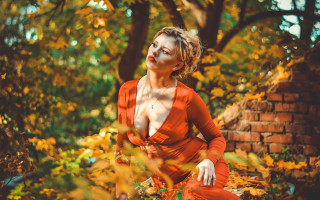 Woman red dress forest brick - elina karimova free wallpaper