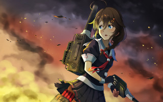 Girl gun backpack fire smoke - autodestructive art free wallpaper