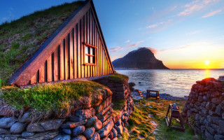 House grass roof ocean sunset - evaline ness free wallpaper