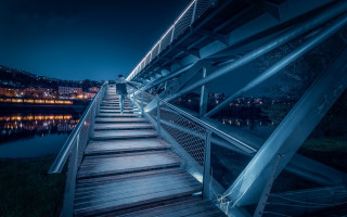 Wooden walkway lake night cityscape - the water below free wallpaper
