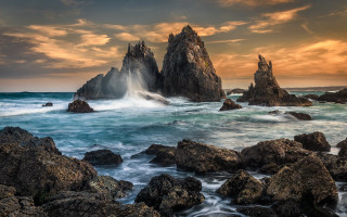 Rocky beach sunset waves clouds - wave free wallpaper