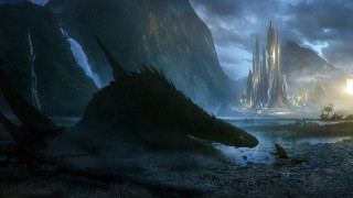 Dragon river mountain castle night - a castle in the background free wallpaper