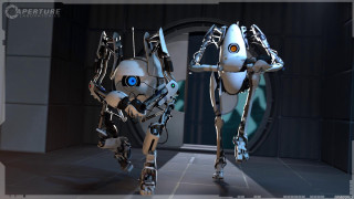 Robots walking hallway wheels couple - a door in the background free wallpaper