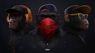 Three monkeys hats headphones red - their face free wallpaper