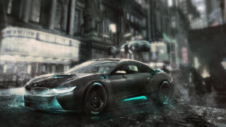 Futuristic car rainy cityscape cyberpunk - matte drawing free wallpaper