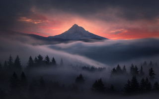 Mountain fog clouds red sky - fog free wallpaper