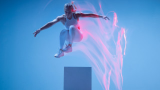 Skateboarder pinksmoke bluebackground hologram volumetric - a skateboard in the air free wallpaper