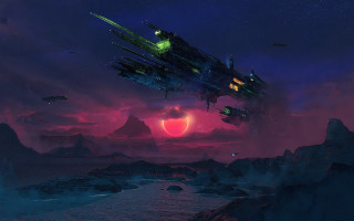 Sci fi flying mountain night 2 - over a mountain free wallpaper