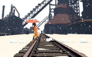 Woman umbrella snow train factory - atey ghailan free wallpaper