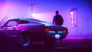 Man car motel foggy night - retrofuturism free wallpaper