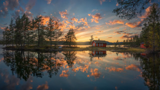 House island lake sunset red - arvid nyholm free wallpaper