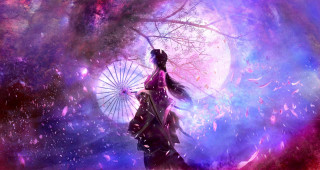 Woman umbrella tree night moon - anna dittmann free wallpaper