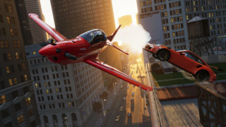 Red car flying over tokyo - a red car free wallpaper