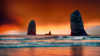 Sunset two rocks ocean mystical - the water free wallpaper