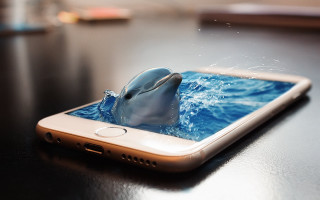 Dolphin jumping water cellphone ocean - ultra realistic digital art free wallpaper